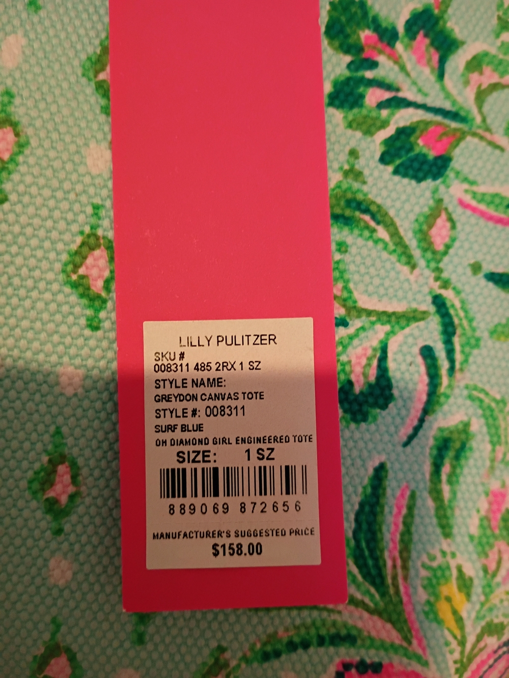 Lilly Pulitzer Greydon Canvas Tote Diamond Girl NEON Pink Accents NWT - Picture 5 of 10